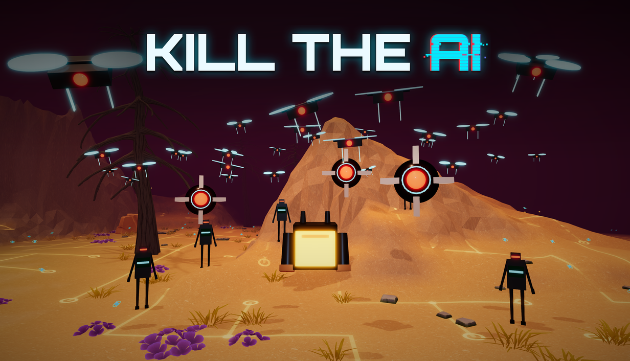 Official Kill the AI artwork: a machine invasion in an orange desert.