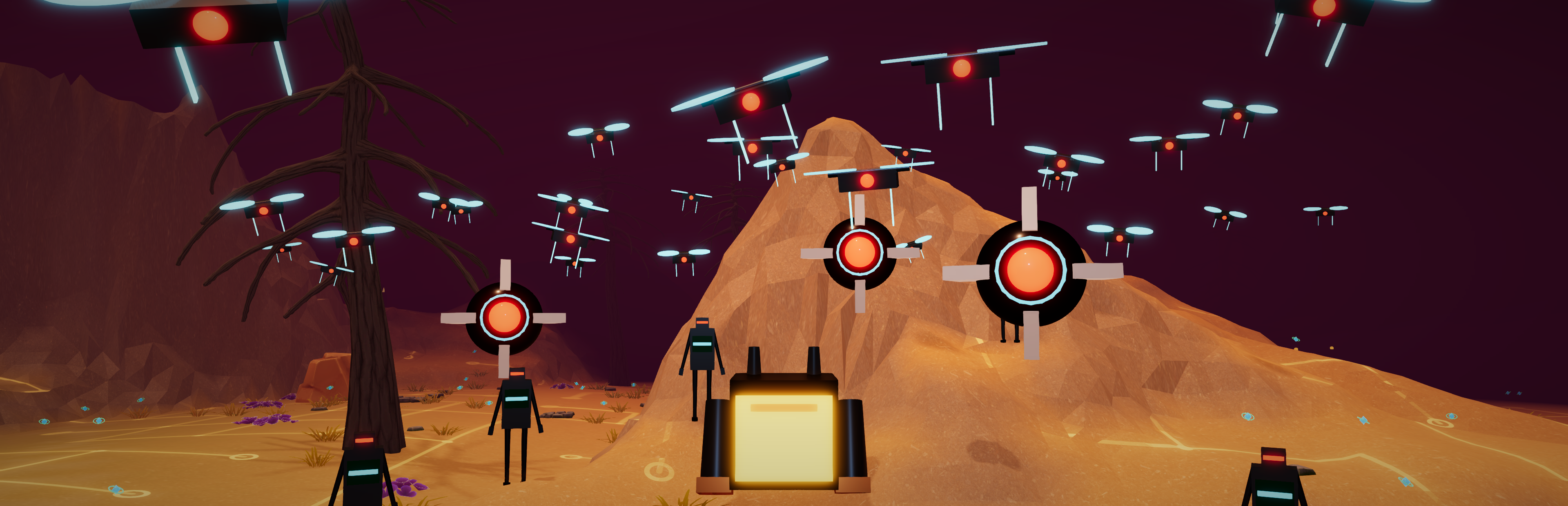 Drones and robots invade an orange desert beneath a dark sky.