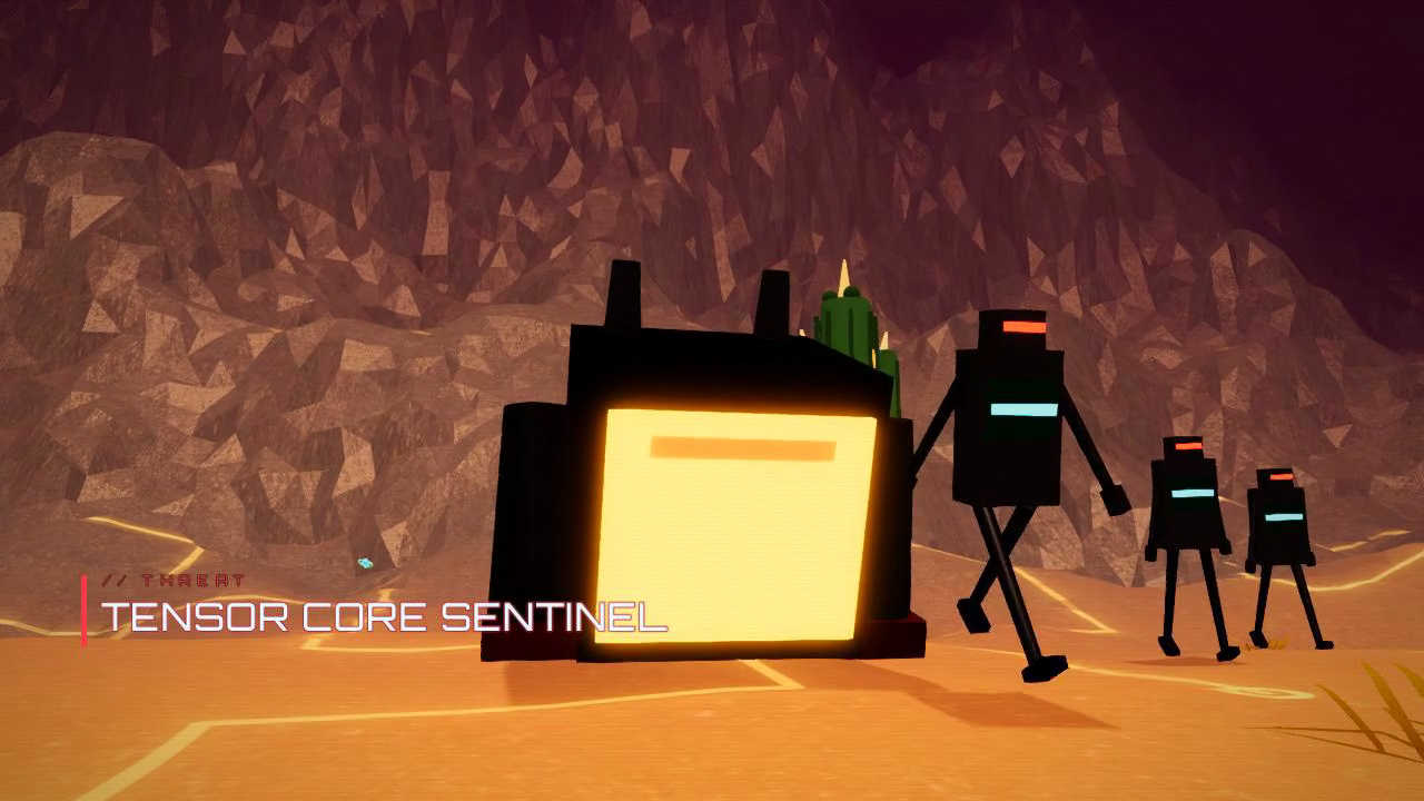 The yellow-lit Tensor Core Sentinel towers over robots in a low-poly desert.