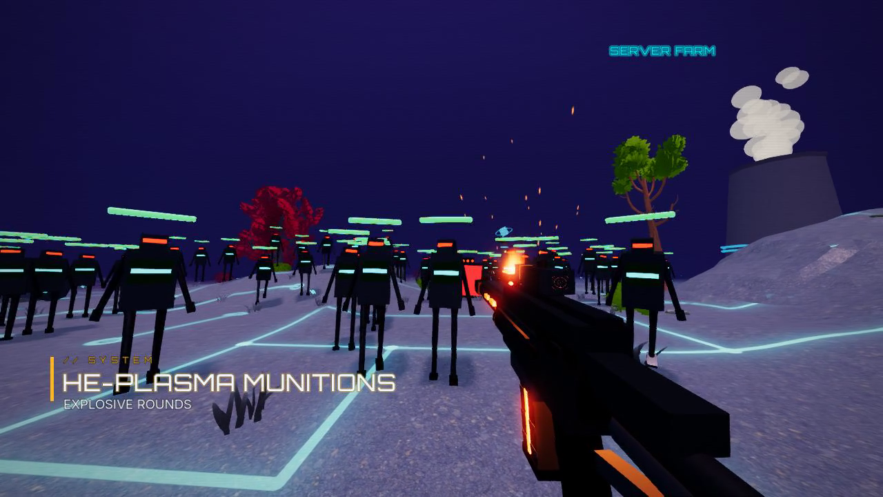 An upgraded weapon confronts machines in the Server Farm biome.