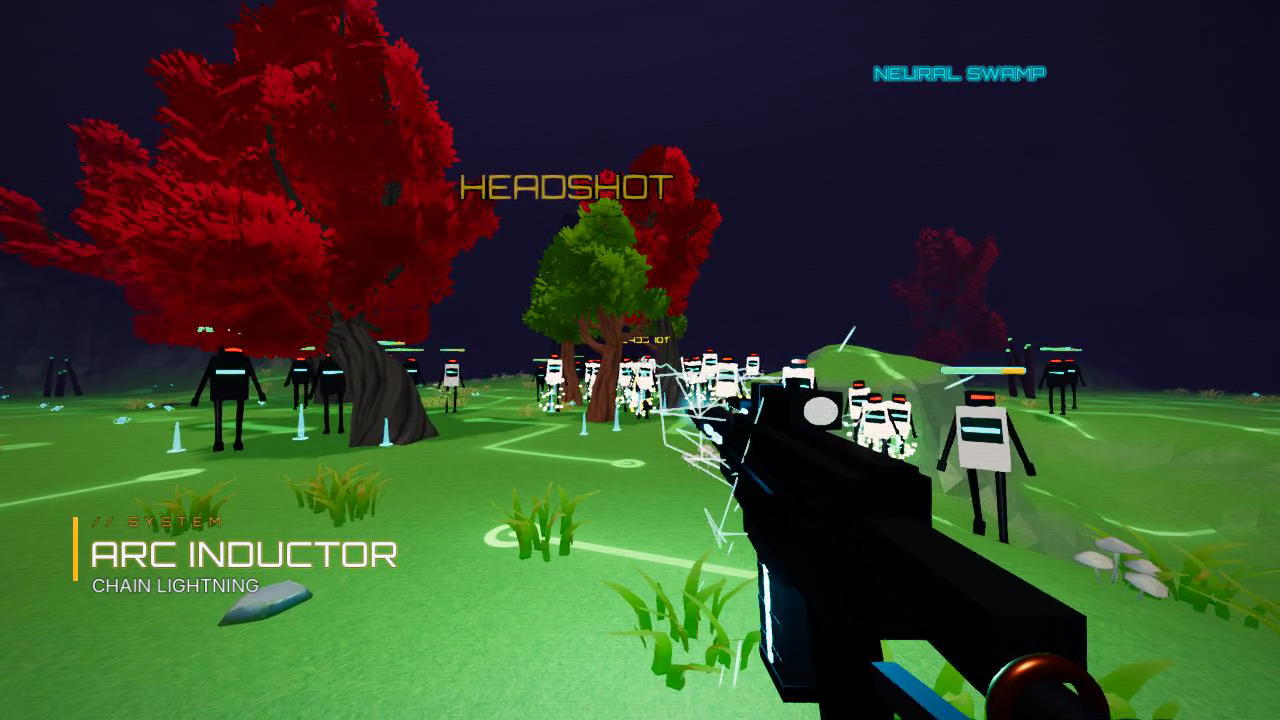 Chain lightning strikes a machine horde among bright green terrain and red trees.