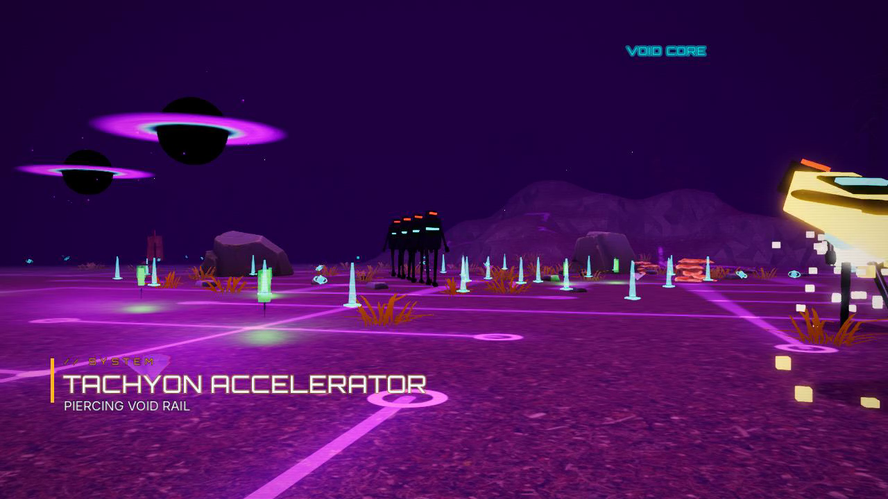 First-person weapon combat across the purple landscape of the Void Core.